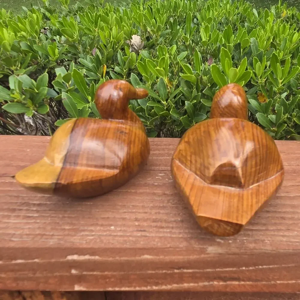 Vintage Carved Wood Duck Decoys Pair Mid Century Folk Art Rustic Lodge Decor